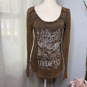 Y2K Vintage Affliction Shirt Crochet Back Rhinestone Skull Wings Brown Medium